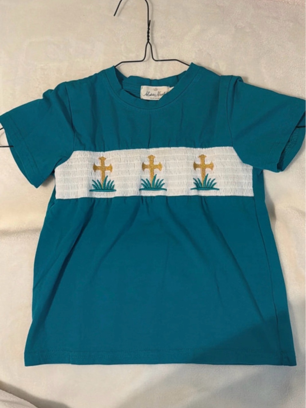 Teal Kids Short Sleeve Top with Gold Cross Smocking